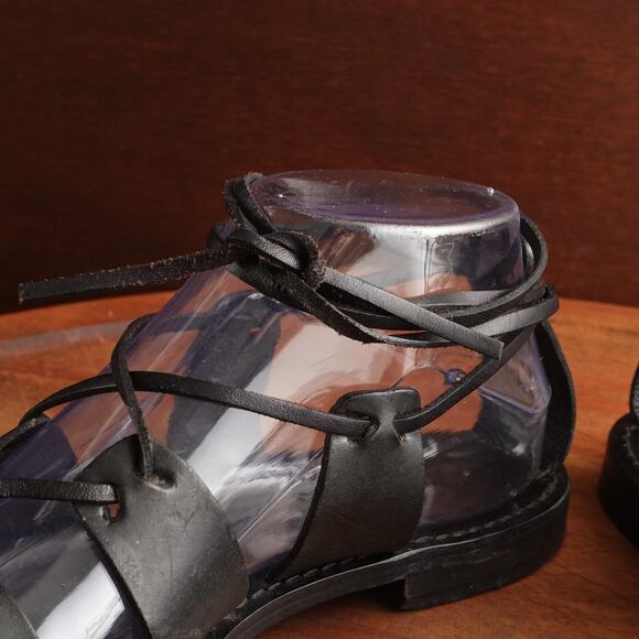 Club Monaco Sandals WMS SZ EU 37 US 6.5 BLK Leather Ankle Wrap Flat Boho Shoes - Picture 6 of 14